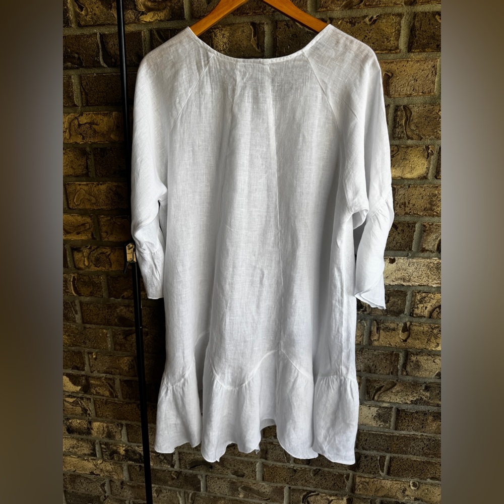 Match Point La Fixsun 100% Linen White Ruffle Hem Tunic Top L Lagenlook Made USA - Picture 6 of 11